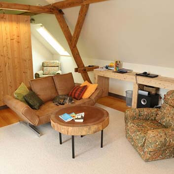 Gemütlicher Wohnbereich mit Naturholz-Sideboard und einem Naturholz-Hochschrank, einem Couchtisch aus Scheibenholz und zwei Sofas